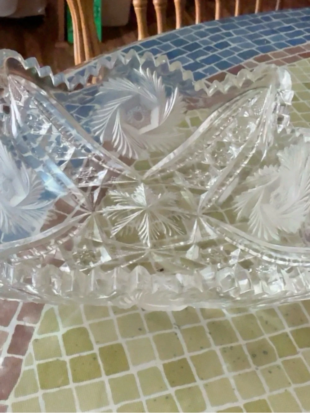 Vintage Square Cut Crystal Bowl Frosted Floral Starburst Sawtooth Rim